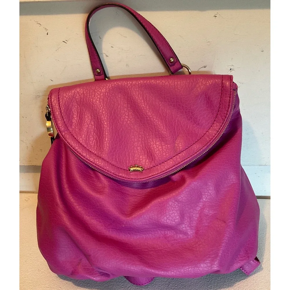 Juicy Couture Magenta Pink Pebbled Faux Leather Backpack Gold Crown Logo Bag